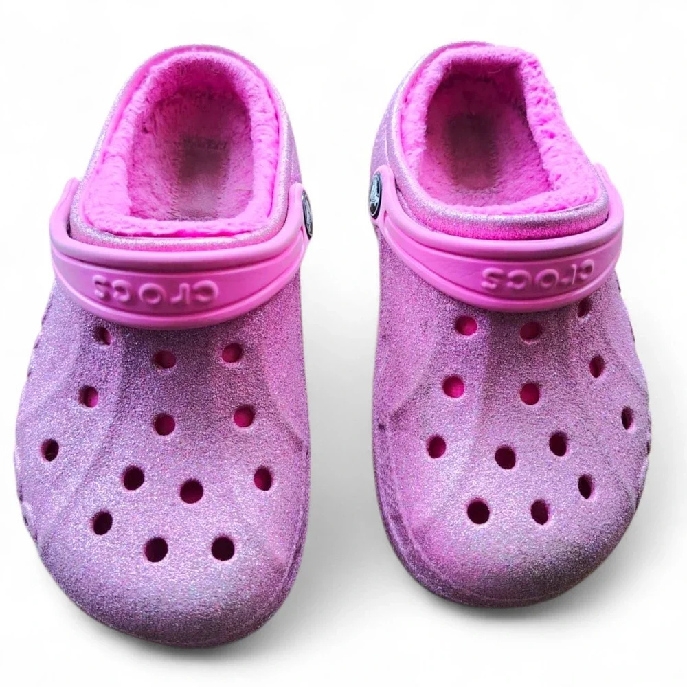 Crocs Classic Lined Glitter Clog Pink Fuzzy Slippers Shoes Toddler Kids C 11